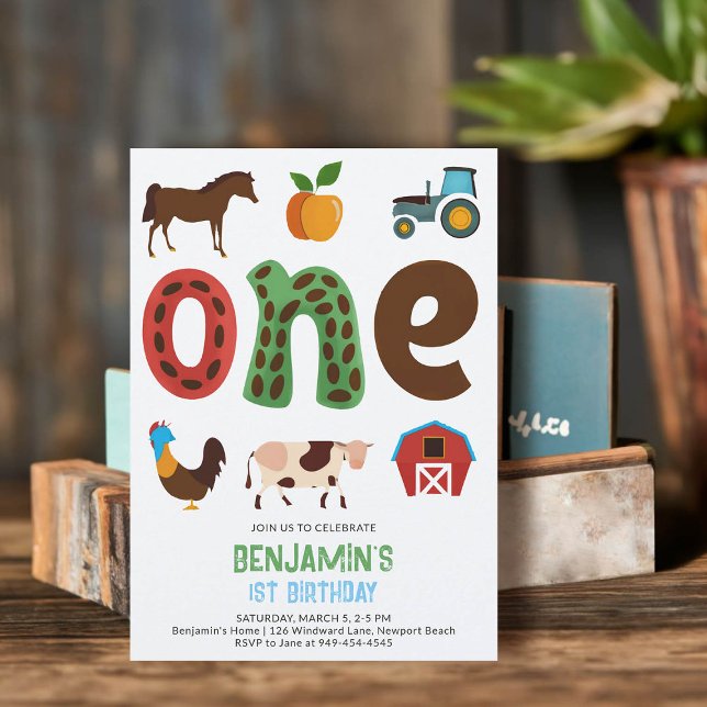 Invitation Agritourisme Barnyard Animaux Fruits Mignonne 1er  (farm tractor animals barnyard petting zoo 1st birthday invitation first boy modern cute illustration)