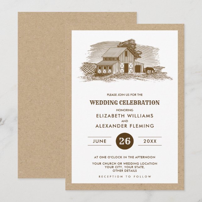 Invitation Agritourisme Papier Kraft Rustic Wedding Invitatio (Devant / Derrière)