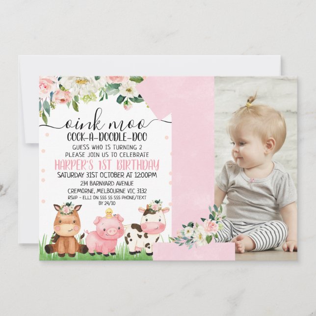 Invitation Agritourisme rose floral photo 1er anniversaire (Devant)