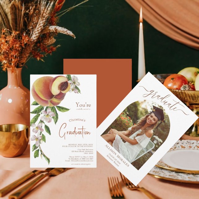 Invitation Agrumes Pêche Florale Pêche Photo Graduation (Create a Unique Graduation Invitation with Citrus Fruits and Floral Design!)