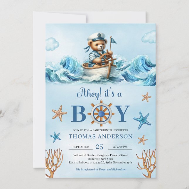 Invitation Ahoy aquarelle bleu et marron tourbillon marin (Devant)