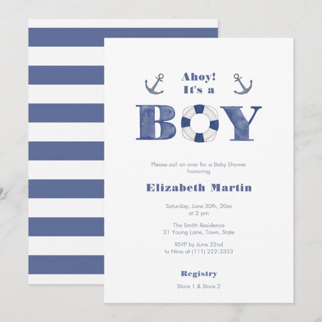 Invitation Ahoy ! Baby shower Nautique Bleu Et Blanc Marine (Devant / Derrière)