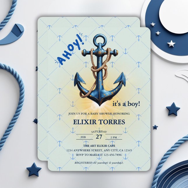 Invitation Ahoy bleu moderne ! Ancre Baby shower nautique (Créateur téléchargé)
