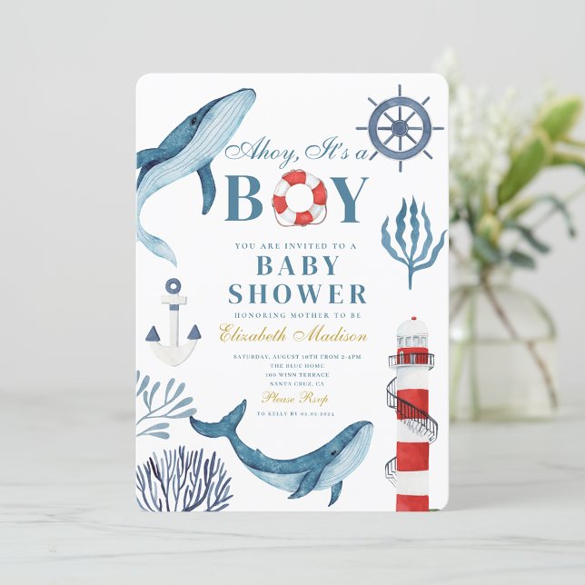 Invitation Ahoy C’est un garçon Baby shower marin de baleine (Créateur téléchargé)