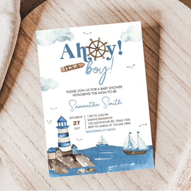 Invitation Ahoy C’est un garçon Baby shower nautique (Blue Boy Baby Shower Invitation)