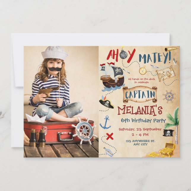 Invitation Ahoy Captain Treasure Pirate anniversaire de enfan (Devant)