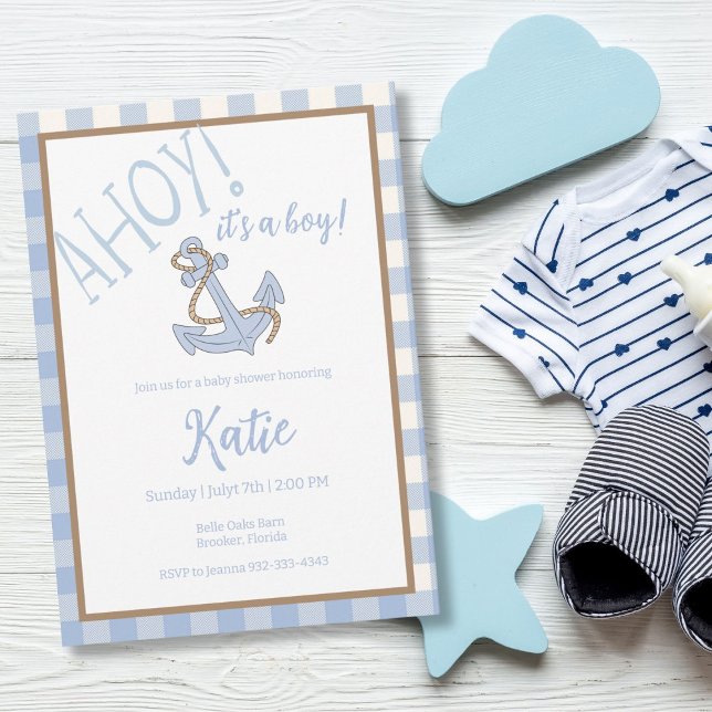 Invitation Ahoy c'est un baby shower bleu et blanc garçon (Créateur téléchargé)