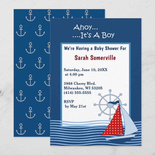 Invitation Ahoy C'est un Baby shower de bateau à voile bleu g (Devant / Derrière)