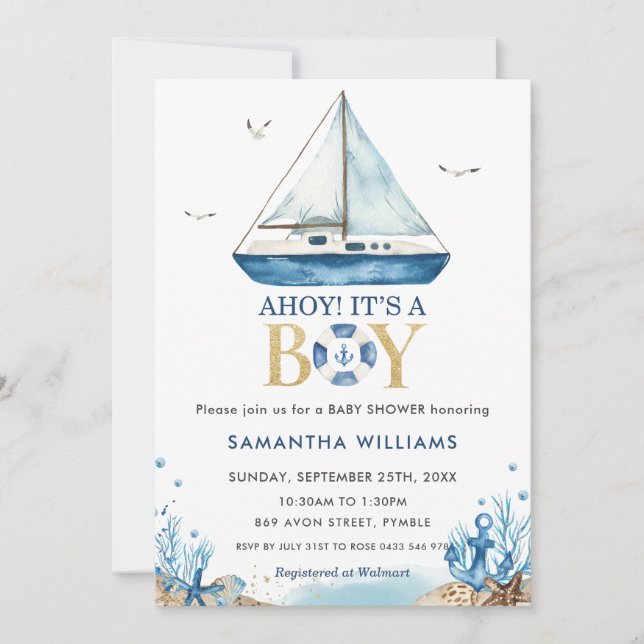 Invitation Ahoy C'est un Baby shower de bateau bleu nautique (Devant)