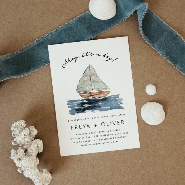Invitation Ahoy C'est un Baby shower de voilier nautique (Ahoy, it's a Boy! Blue nautical watercolor sailboat modern baby shower invitation.)