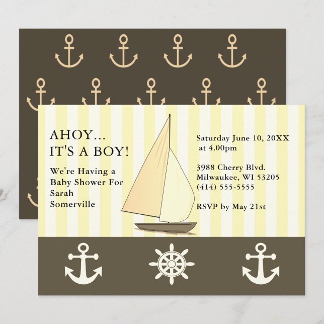 Invitation Ahoy C'est un Baby shower garçon Voile Sepia Style (Devant / Derrière)