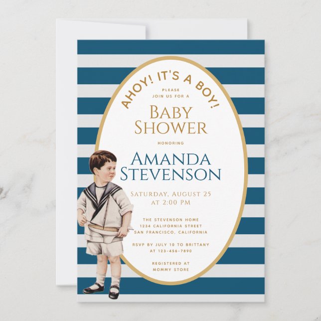Invitation Ahoy C'est un Baby shower nautique Boy Sailor Gold (Devant)