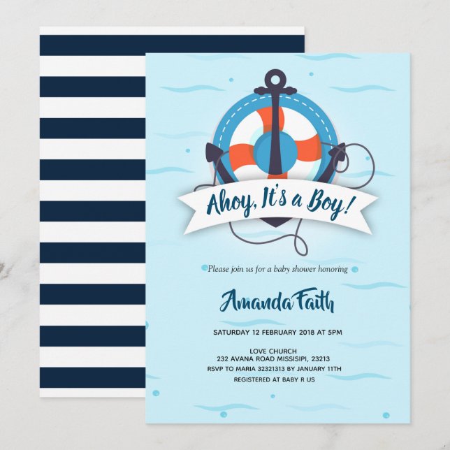 Invitation Ahoy c'est un garçon ancre Baby shower nautique (Devant / Derrière)