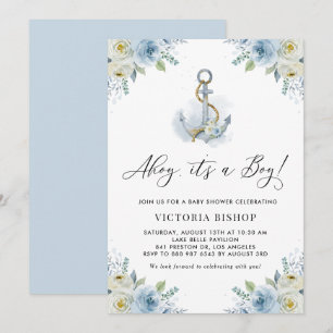 Invitation Ahoy C'est un garçon Ancre Floral Baby shower naut