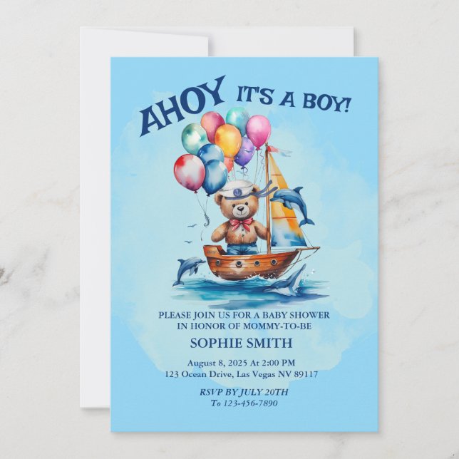 Invitation Ahoy C'Est Un Garçon Baby shower À Thème Nautique (Devant)