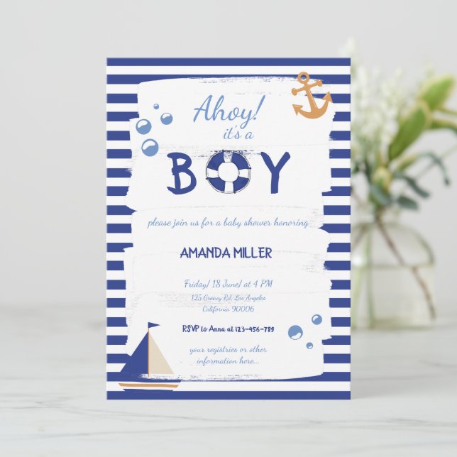 Invitation Ahoy C'est un garçon ! Baby shower bleu marin (Debout devant)