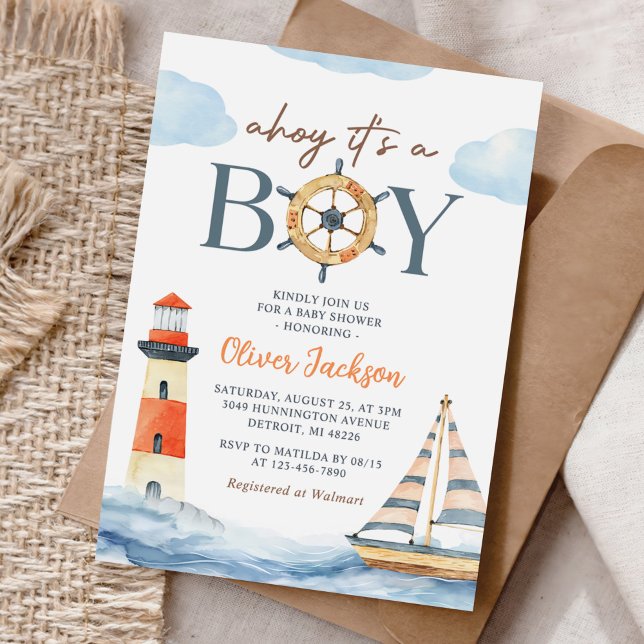 Invitation Ahoy C'est un garçon Baby shower Bleu Nautique (Créateur téléchargé)