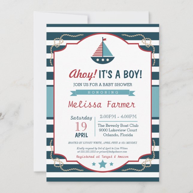 Invitation Ahoy C'est un garçon Baby shower de garçons nautiq (Devant)