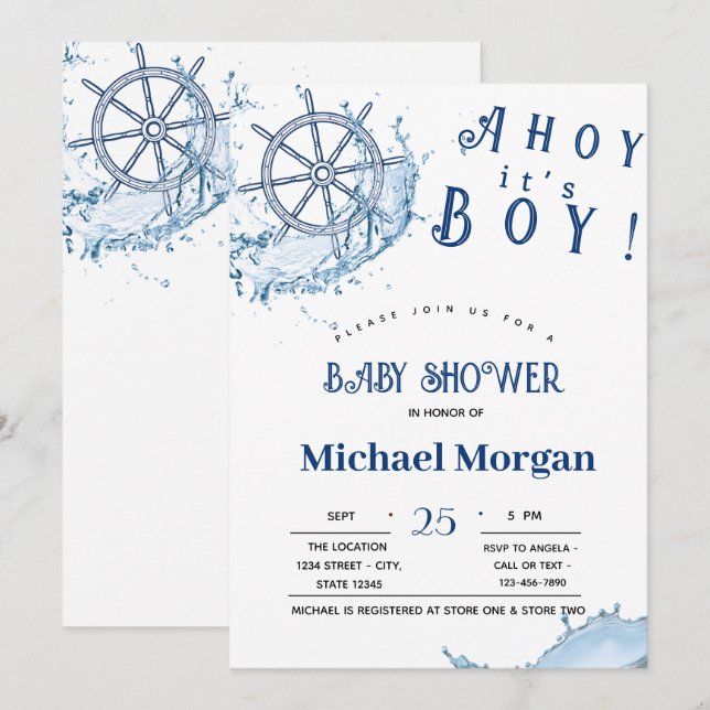 Invitation Ahoy C'est un garçon, Baby shower de roues nautiqu (Devant / Derrière)
