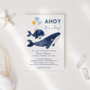Invitation AHOY C'est un garçon ! Baby shower maman baleine