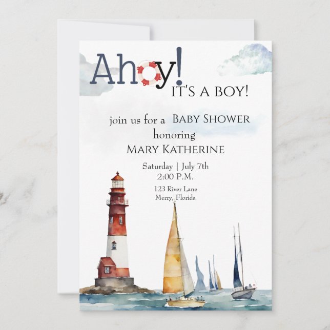 Invitation Ahoy C'est un garçon baby shower nautique (Devant)