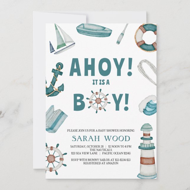 Invitation AHOY C'est un garçon, Baby shower nautique (Devant)