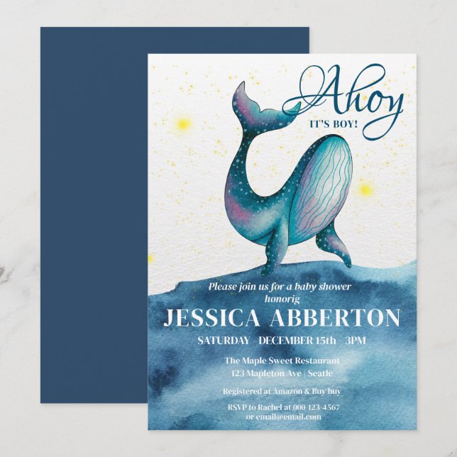 Invitation Ahoy, C'est un garçon Baby shower nautique (Devant / Derrière)
