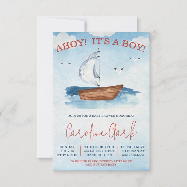 Invitation AHOY ! C'est un GARÇON ! Baby shower nautique (Devant)