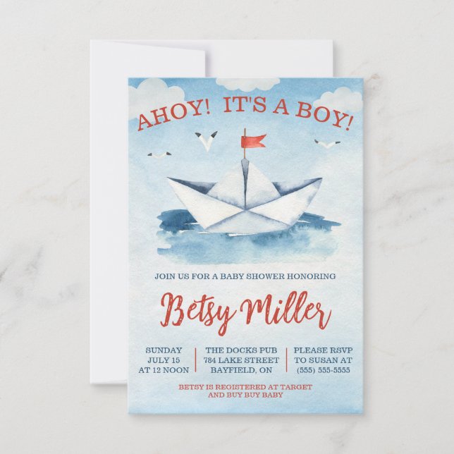 Invitation AHOY ! C'est un GARÇON ! Baby shower nautique en p (Devant)