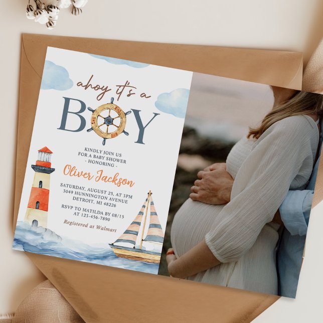 Invitation Ahoy C'est un garçon Baby shower Nautique Photo (Créateur téléchargé)