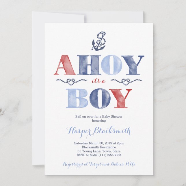 Invitation Ahoy C'est un garçon Baby shower nautique pour gar (Devant)