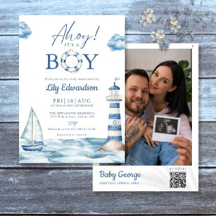 Invitation Ahoy C'Est Un Garçon Baby shower Photo QR Code