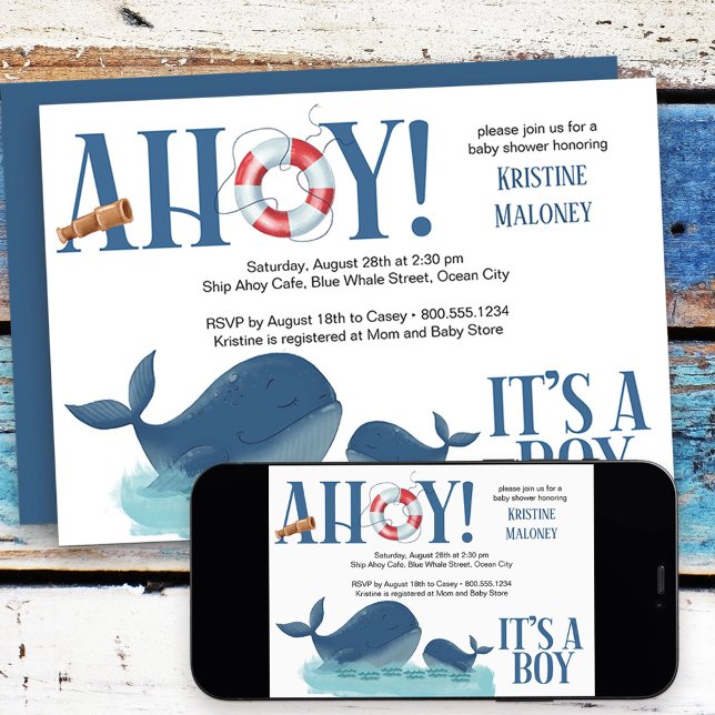 Invitation Ahoy C'est un garçon Happy Whale Boy Baby shower (Nautical Baby Shower Invitation from my Happy Whale collection. Message if you need different items
)