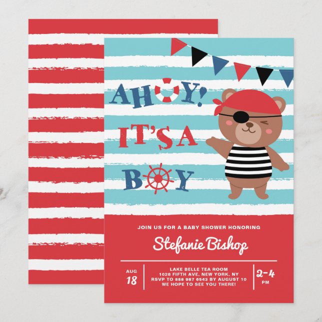 Invitation Ahoy C'est un garçon Pirate Bear Baby shower nauti (Devant / Derrière)