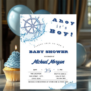 Invitation Ahoy C'est Un Garçon,Roue Naútíque,Points Bébé Fêt