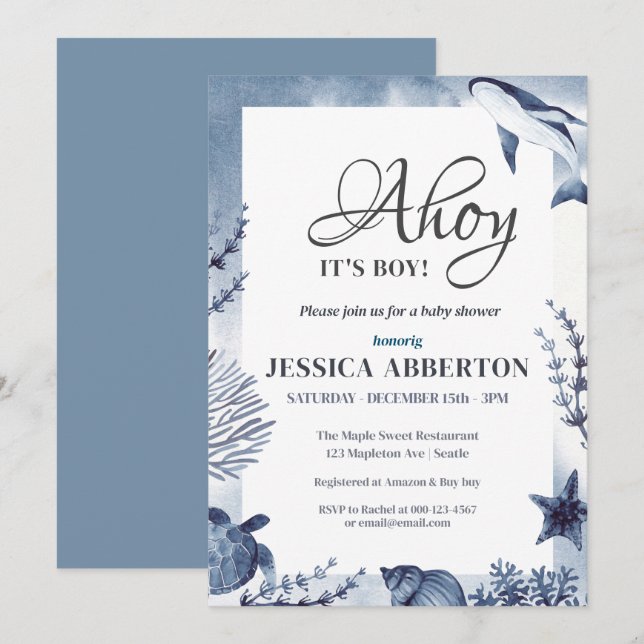 Invitation Ahoy, C'est un garçon sous l'océan Océan Animaux B (Devant / Derrière)