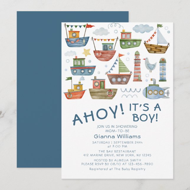Invitation AHOY ! C'est un mignon garçon Baby shower nautique (Devant / Derrière)