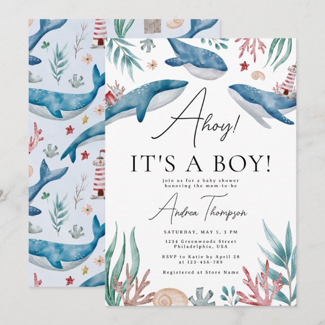 Invitation Ahoy C'est un petit baleine sous le Baby shower ma (Devant / Derrière)