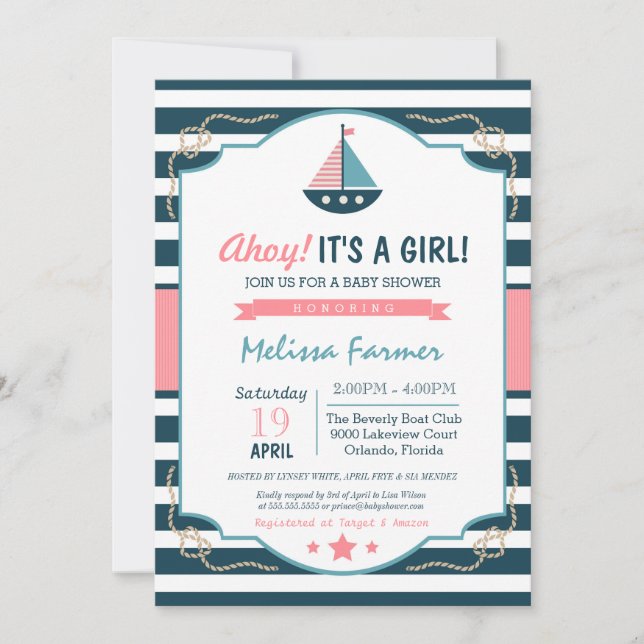Invitation Ahoy C'est une fille ! Marine marine et Baby showe (Devant)