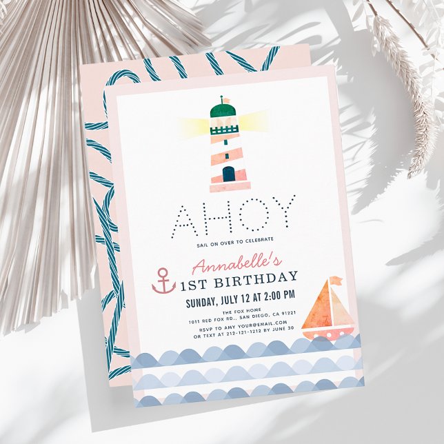 Invitation Ahoy Lighthouse Nautical Rose Girl 1er anniversair (Créateur téléchargé)