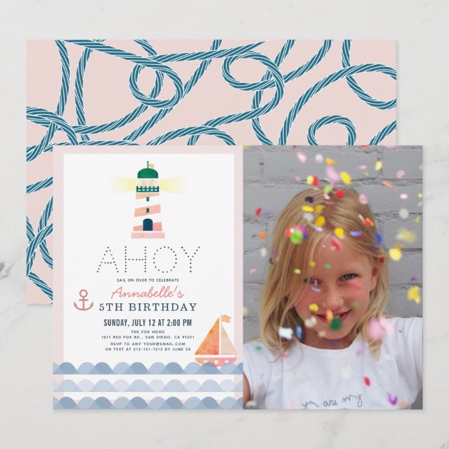 Invitation Ahoy Lighthouse Nautical rose Girl Photo Anniversa (Devant / Derrière)