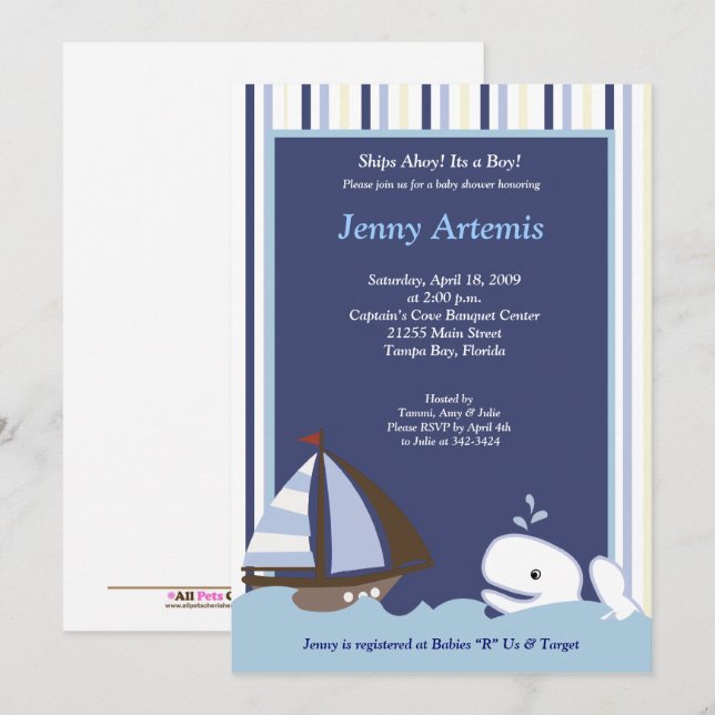 Invitation Ahoy Mate Baleine Baby shower nautique (Devant / Derrière)