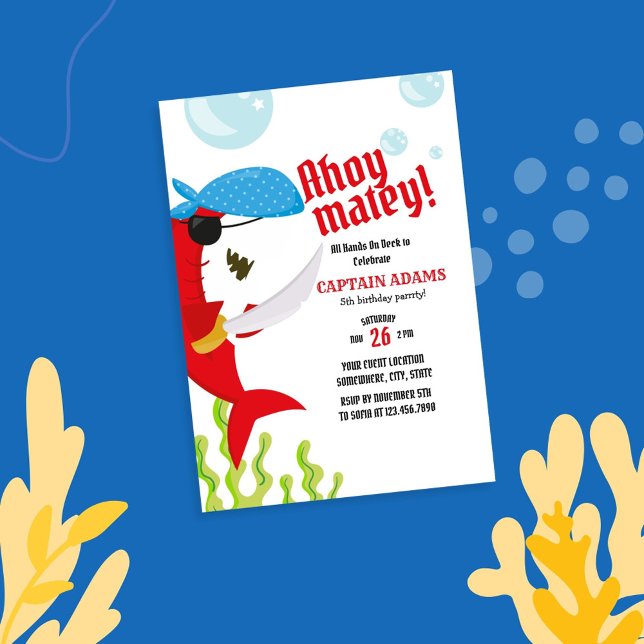Invitation Ahoy Matey ! Anniversaire du pirate de requin roug (Créateur téléchargé)