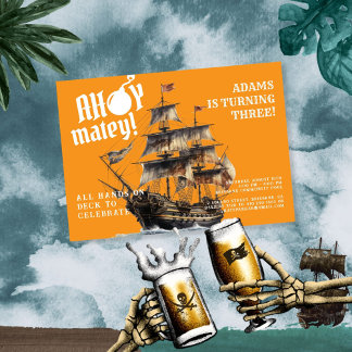 Invitation Ahoy Matey ! Orange Pirate Ship Anniversaire