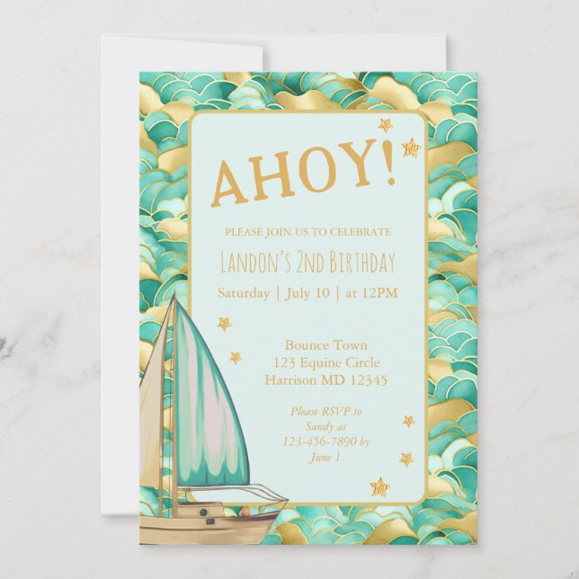Invitation Ahoy Nautical Green et Gold Boat fête d'anniversai (Devant)