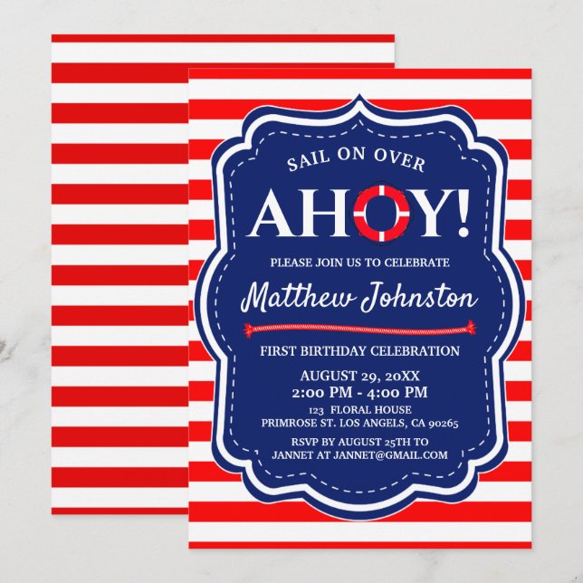 Invitation Ahoy Nautical Ocean Navy Blue Coastal Boy Annivers (Devant / Derrière)