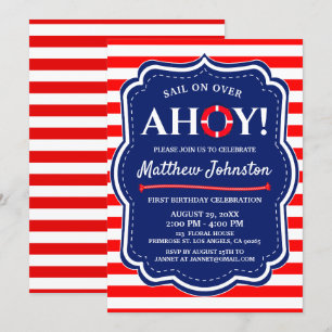 Invitation Ahoy Nautical Ocean Navy Blue Coastal Boy Annivers