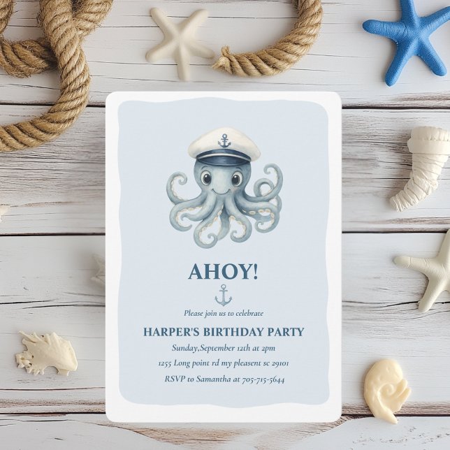 Invitation Ahoy Nautical Octopus Birthday | Ocean Sailor (Créateur téléchargé)