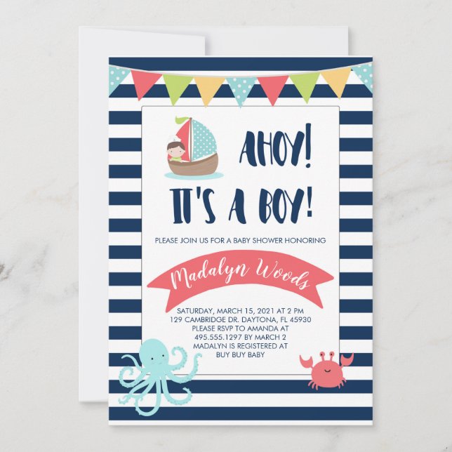 Invitation Ahoy nautique ! C'est un garçon ! Baby shower (Devant)