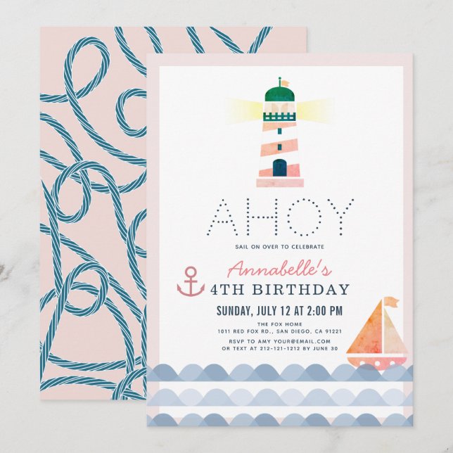 Invitation Ahoy Phare Nautique Rose Girl Anniversaire (Devant / Derrière)